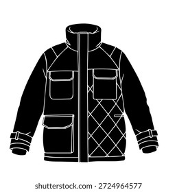 Vector acolchado pesado de la silueta de la chaqueta del invierno, ilustración técnica de la capa del amortiguador del Multi-bolsillo