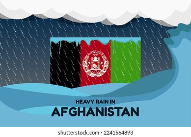 Heavy rain in Afghanistan banner, rainy day and winter concept, cold weather in Afghanistan, flood and precipitation, flag with sea waves and raindrops, hurricane disaster or storm idea