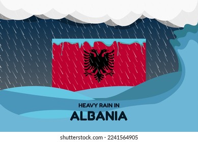 Heavy rain in Albania banner, rainy day and winter concept, cold weather in Albania, flood and precipitation, flag with sea waves and raindrops, hurricane disaster or storm idea