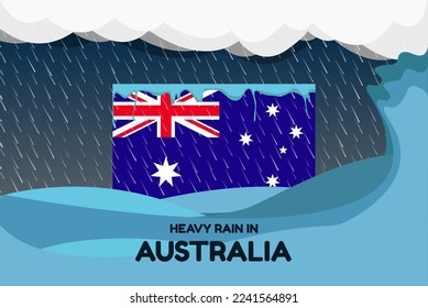 Heavy rain in Australia banner, rainy day and winter concept, cold weather in Australia, flood and precipitation, flag with sea waves and raindrops, hurricane disaster or storm idea