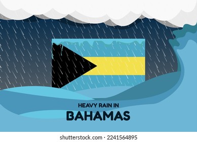 Heavy rain in Bahamas banner, rainy day and winter concept, cold weather in Bahamas, flood and precipitation, flag with sea waves and raindrops, hurricane disaster or storm idea
