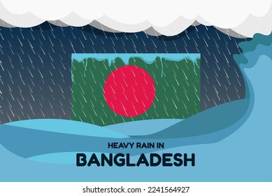 Heavy rain in Bangladesh banner, rainy day and winter concept, cold weather in Bangladesh, flood and precipitation, flag with sea waves and raindrops, hurricane disaster or storm idea