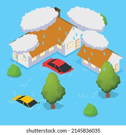 Heavy rain causing flooding in the city isometric 3d vector illustration concept for banner, website, illustration, landing page, template, etc