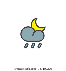 Heavy rain cloud and crescent filled outline icon, line vector sign, linear colorful pictogram isolated on white. Rainy night weather symbol, logo illustration. Pixel perfect vector graphics