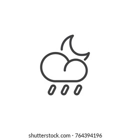 Heavy rain cloud and crescent line icon, outline vector sign, linear style pictogram isolated on white. Rainy night weather symbol, logo illustration. Editable stroke