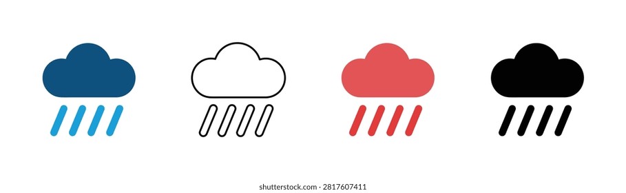 Heavy Rain Cloud Icon Set with Red Downpour Symbols in Four Styles