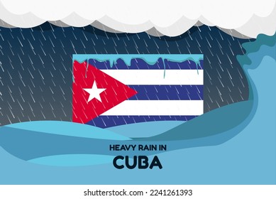 Heavy rain in Cuba banner, rainy day and winter concept, cold weather in Cuba, flood and precipitation, flag with sea waves and raindrops, hurricane disaster or storm idea
