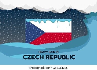 Heavy rain in Czech Republic banner, rainy day and winter concept, cold weather in Czech Republic, flood and precipitation, flag with sea waves and raindrops, hurricane disaster or storm idea