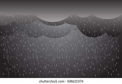 Heavy Rain In Dark Sky, Clouds And Storm  Vector Background