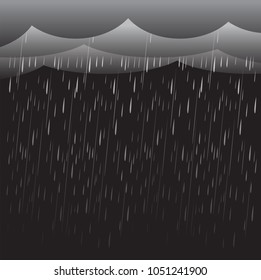 Heavy rain in dark sky, rainy season, clouds and storm, weather nature background, Flood natural disaster, vector illustration. 