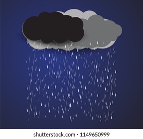 Heavy rain in dark sky, rainy season, clouds and storm, weather nature background, Flood natural disaster, vector illustration. 