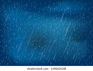 Heavy rain in dark sky, rainy season, clouds and storm, weather nature background, Flood natural disaster, vector illustration. 