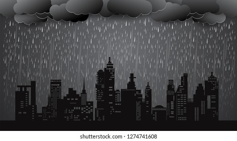 Heavy rain in dark sky, rainy season, clouds and storm, weather nature background, Flood natural disaster, vector illustration. 