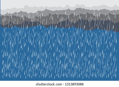 Heavy rain in dark sky, rainy season, clouds and storm, weather nature background, Flood natural disaster, vector illustration. 