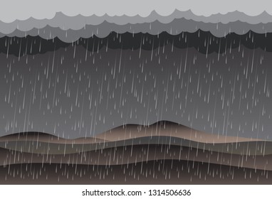 Heavy rain in dark sky, rainy season, clouds and storm, weather nature background, Flood natural disaster, vector illustration. 