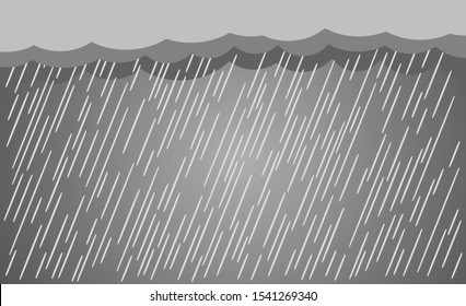 Heavy rain in dark sky, rainy season, clouds and storm, weather nature background, Flood natural disaster, vector illustration. 