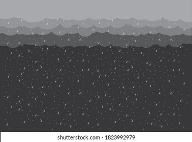 Heavy rain in dark sky, rainy season, clouds and storm, weather nature background, Flood natural disaster, vector illustration. 