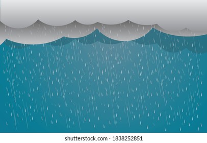 Heavy rain in dark sky, rainy season, clouds and storm, weather nature background, Flood natural disaster, vector illustration. 