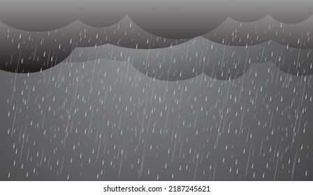 Heavy rain in dark sky, rainy season, clouds and storm, weather nature background, Flood natural disaster, vector illustration. 