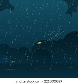 Heavy rain in dark sky, rainy season, clouds and storm, weather nature background, Flood natural disaster, vector illustration