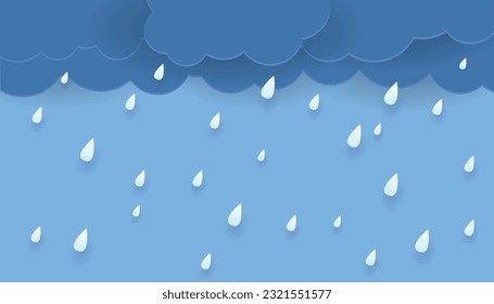 Heavy rain in dark sky, rainy season, clouds and storm, weather nature background, Flood natural disaster, vector illustration.