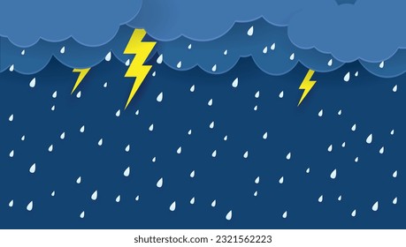 Heavy rain in dark sky, rainy season, clouds and storm, weather nature background, Flood natural disaster, vector illustration.