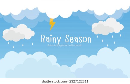 Heavy rain in dark sky, rainy season, clouds and storm, weather nature background,  vector illustration.