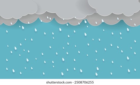 Heavy rain in dark sky, rainy season, clouds and storm, weather nature background, Flood natural disaster, vector illustration.