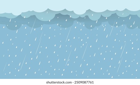 Heavy rain in dark sky, rainy season, clouds and storm, weather nature background, Flood natural disaster, vector illustration.