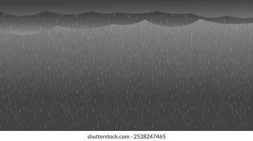 Heavy rain in dark sky, rainy season, clouds and storm, weather nature background, Flood natural disaster, vector illustration.