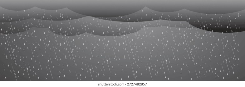 Lluvia fuerte en el cielo oscuro, estación lluviosa, nubes y tormenta, fondo de la naturaleza del Clima, desastre natural de la inundación, Ilustración vectorial. 
