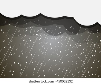 Heavy rain in dark sky, rainy season, clouds and storm, weather nature background, vector illustration.