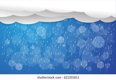 Heavy rain in dark sky, rainy season, clouds and storm, weather nature background, vector illustration, abstract bokeh.