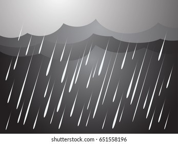 Heavy rain in dark sky, rainy season, clouds and storm, weather nature background, vector illustration. 