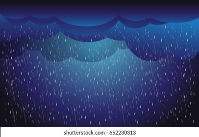 Heavy Rain In Dark Sky, Rainy Season, Clouds And Storm, Weather Nature Background, Vector Illustration. 