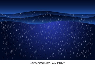 Heavy rain in dark sky, rainy season, clouds and storm, weather nature background, vector illustration. 