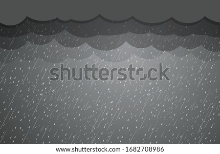 Heavy rain in dark sky, rainy season, clouds and storm, weather nature background, Flood natural disaster, vector illustration. 