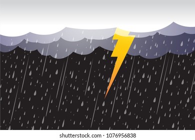 Heavy rain in dark sky, thunder lightning and clouds ,rainy season,  lightning storm,  Flood natural disaster, weather nature background, vector illustration.