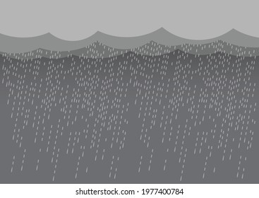 Heavy rain in dark sky, thunder lightning and clouds , rainy season,  lightning storm,  Flood natural disaster, weather nature background, vector illustration.