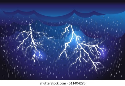 Heavy rain in dark sky, thunder lightning and clouds ,rainy season,  lightning storm,  weather nature background, vector illustration.