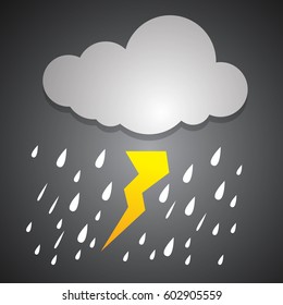 Heavy rain in dark sky, thunder lightning and clouds ,rainy season,  lightning storm,  weather nature background, vector illustration.