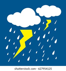 Heavy rain in dark sky, thunder lightning and clouds ,rainy season,  lightning storm,  weather nature background, vector illustration.
