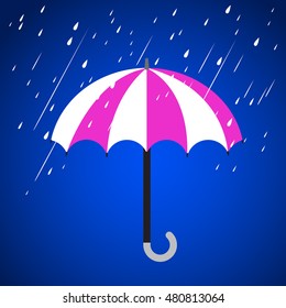 Heavy rain in dark sky, umbrella in the rain,rainy season, clouds and storm, weather nature background, vector illustration.