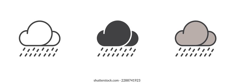 Fuerte lluvia diferente conjunto de iconos. Línea, glifo y contorno relleno versión colorida, contorno y signo vectorial relleno. Símbolo, ilustración del logotipo. Gráficos vectoriales