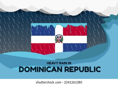 Heavy rain in Dominican Republic banner, rainy day and winter concept, cold weather in Dominican Republic, flood and precipitation, flag with sea waves and raindrops, hurricane disaster or storm idea