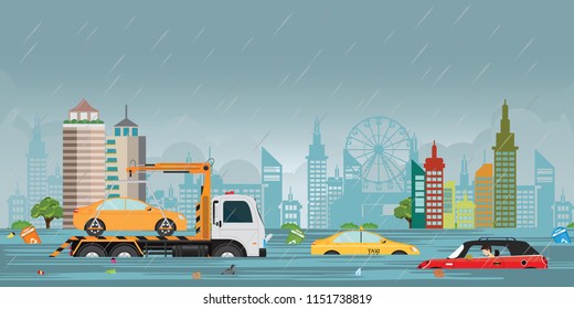 Heavy rain drops and city flood on city view with cars and garbage floating in the water,vector illustration.