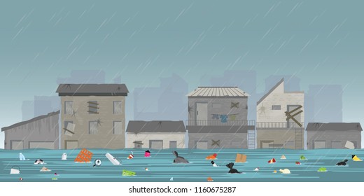 Heavy rain drops and city flood in slum city with garbage floating in the water, vector illustration.