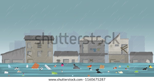 スラム街では 大雨が降り 都市が氾濫し 水にごみが浮かんでいます ベクターイラスト のベクター画像素材 ロイヤリティフリー