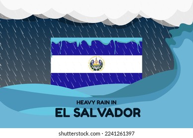 Heavy rain in El Salvador banner, rainy day and winter concept, cold weather in El Salvador, flood and precipitation, flag with sea waves and raindrops, hurricane disaster or storm idea