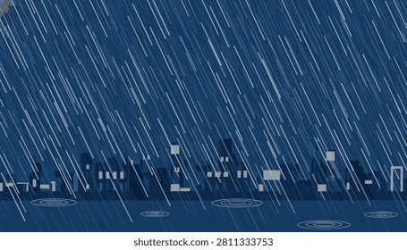 Heavy rain falling down diagonally over a dark blue cityscape silhouette at night with water ripples on the ground.